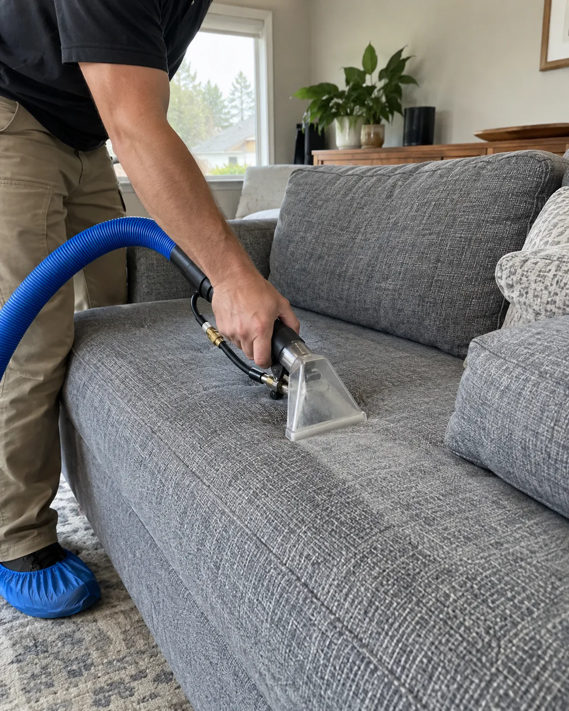 Upholstery cleaning on a fabric sofa